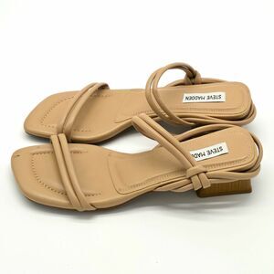 Steve Madden Beige Leather Strappy Slip-On Sandals Logo Accents Womens 10